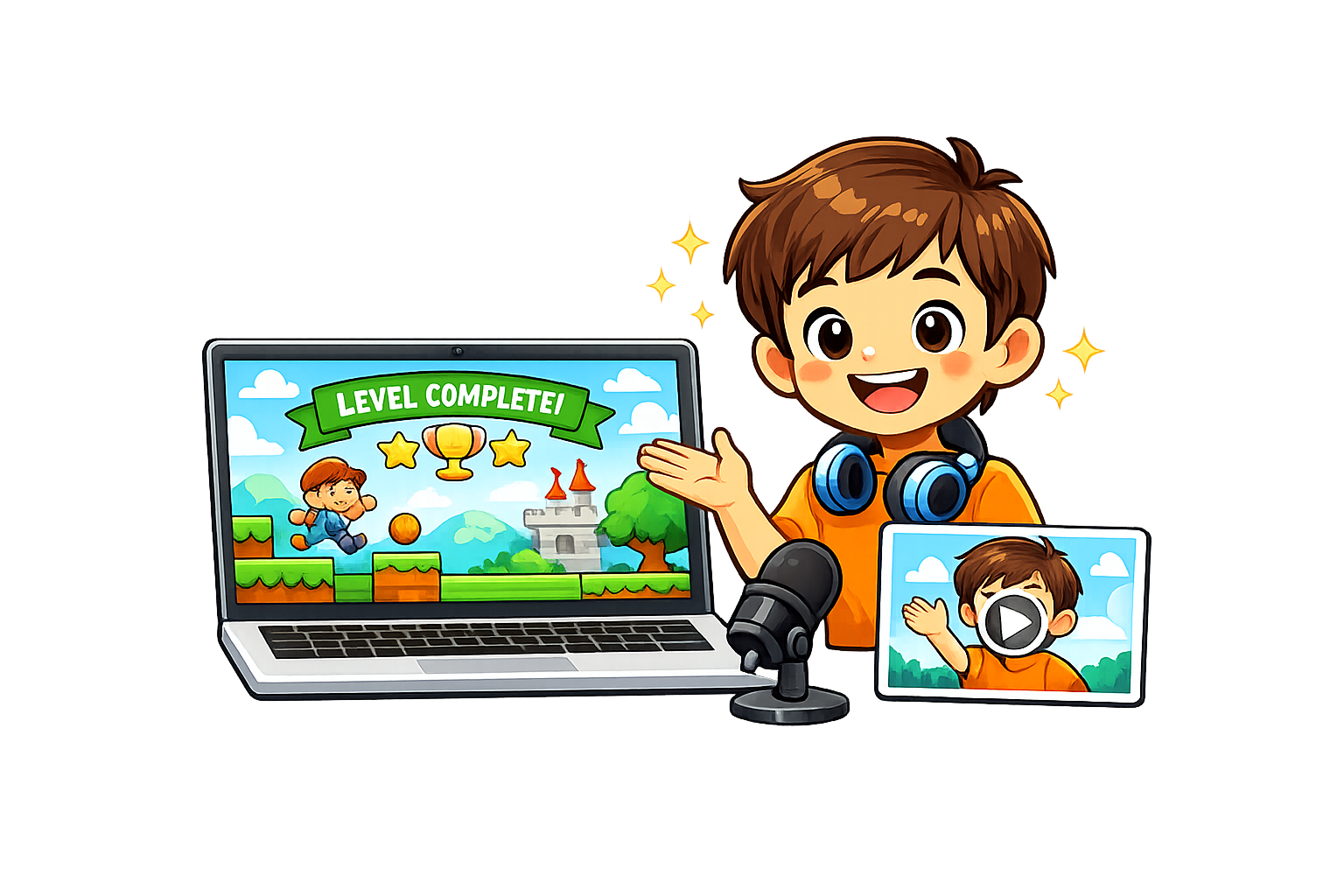 完成したゲームと紹介動画を発表する子ども