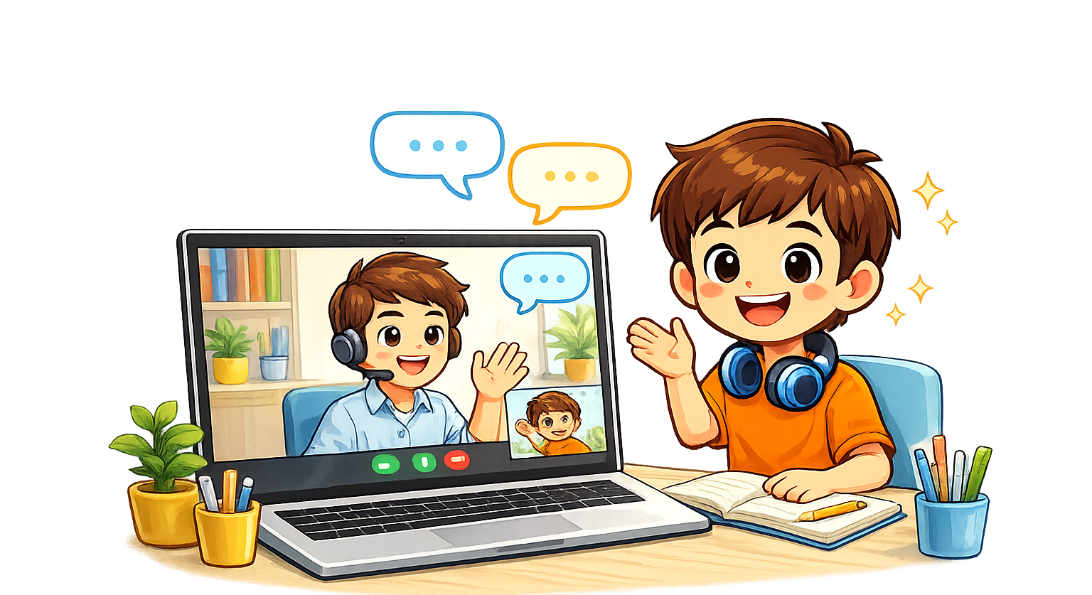 オンライン1対1で講師と話しながら学ぶ子ども