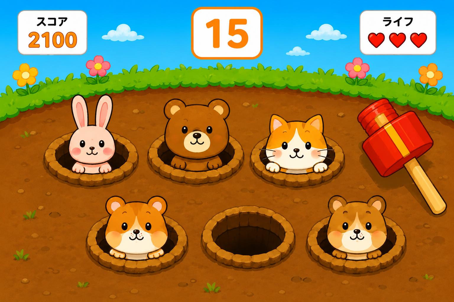 動物キャラクターのもぐらたたきゲーム